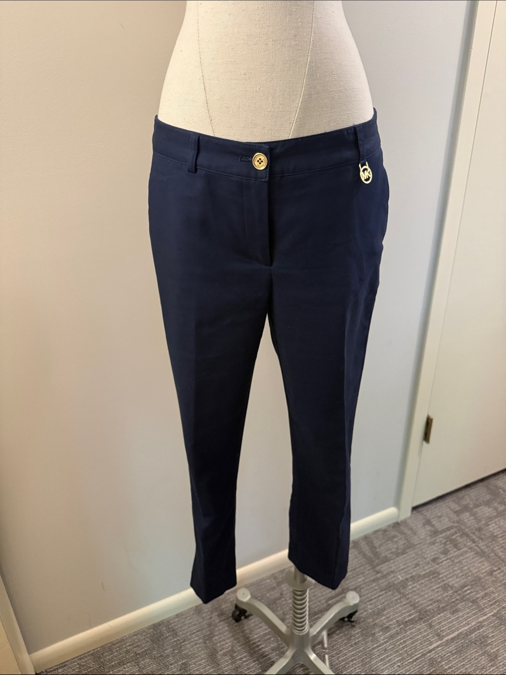 Michael Kors Navy Cropped Tailored Pants with Gold Accent